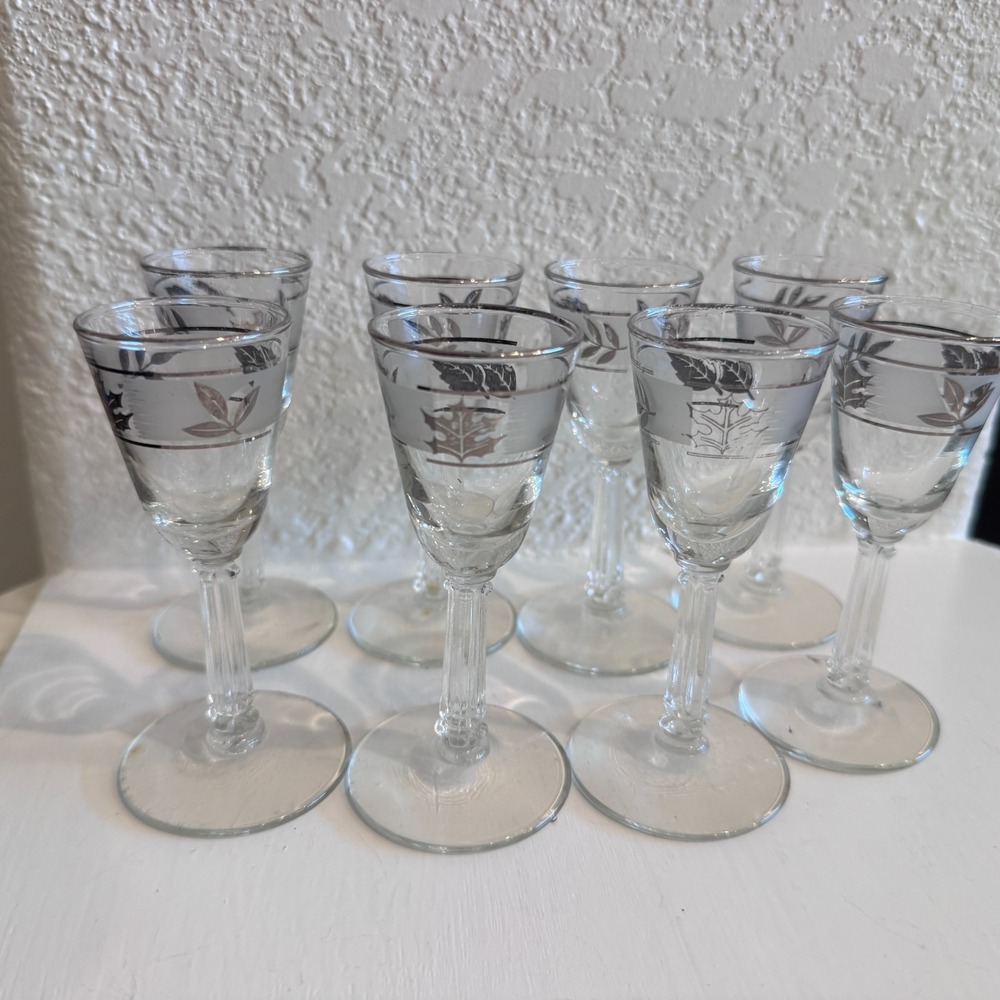 Libbey Cordial Glasses Silver Foliage  Set‎ of 8 VINTAGE MCM